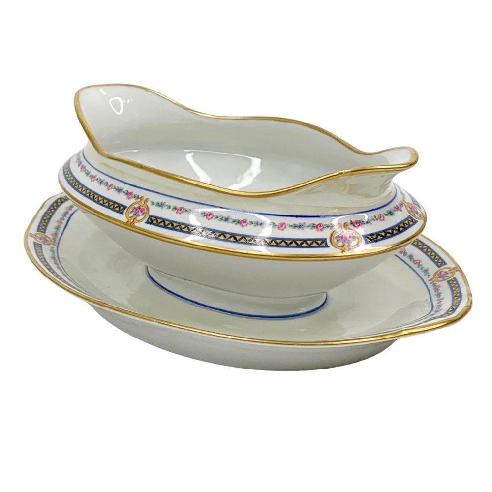 Vintage LIMOGES Gravy Boat Attached Underplate Old Abbey France Thanksgiving